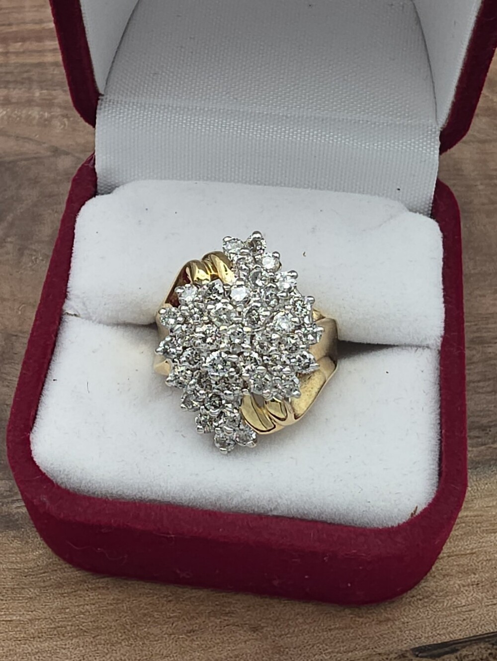 Vintage 14k Yellow Gold Diamond Waterfall Cluster Statement Cocktail Ring 3.5ct